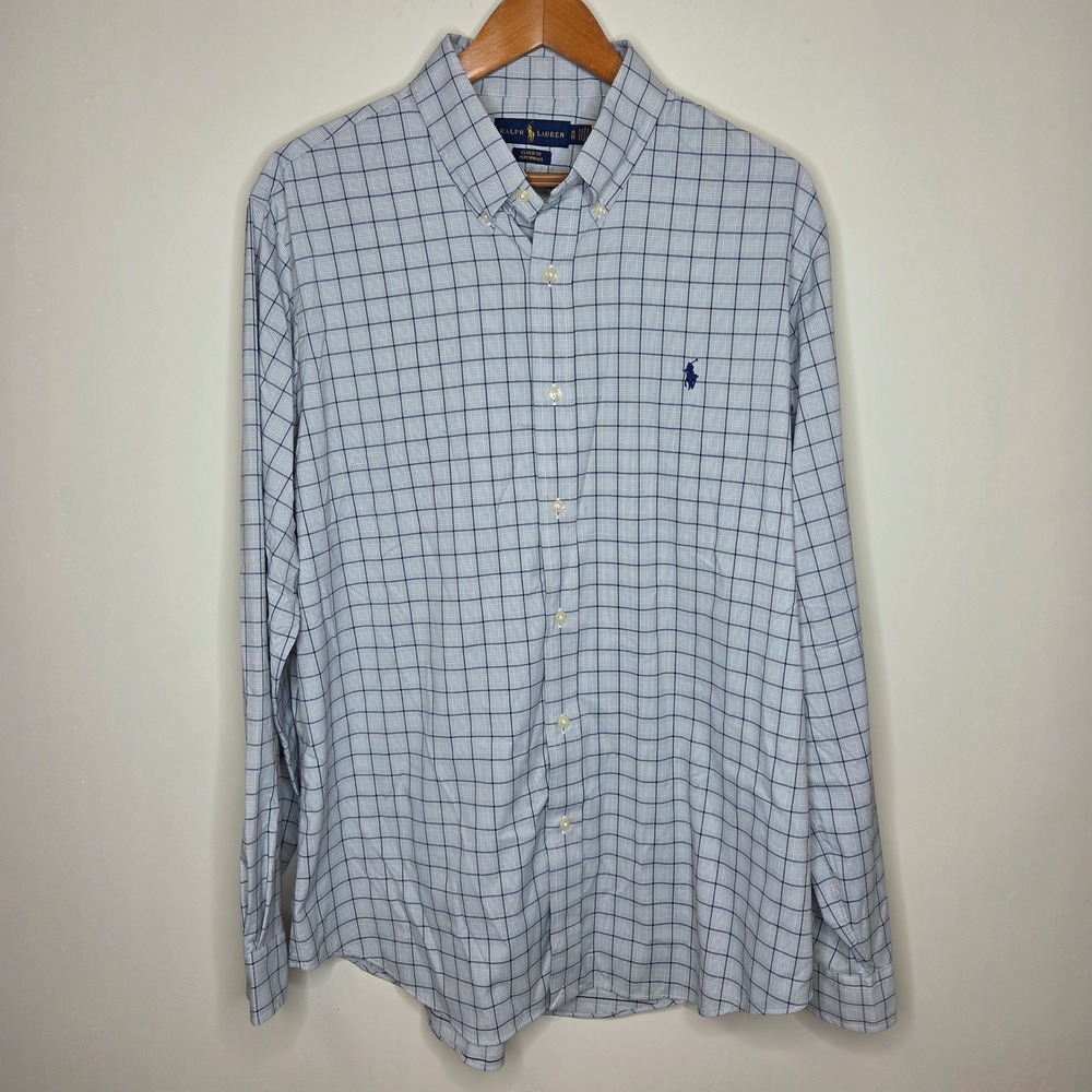 Ralph Lauren Classic Fit Performance Shirt XL Grey Navy Blue Windowpane Check
